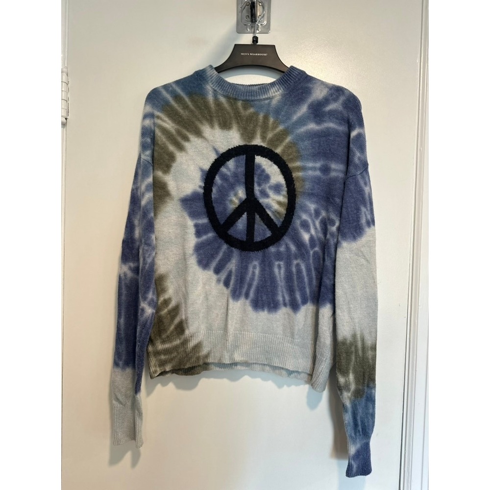 Spiritual Gangster Boho Tie Dye Peace Sign Sweater Sz:M Blue Alpaca Wool Blend